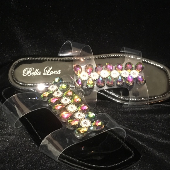 Bella Luna Black Clear Slip Ons Iridescent Rhinestone Square Toe Flats Sandles - Picture 2 of 5